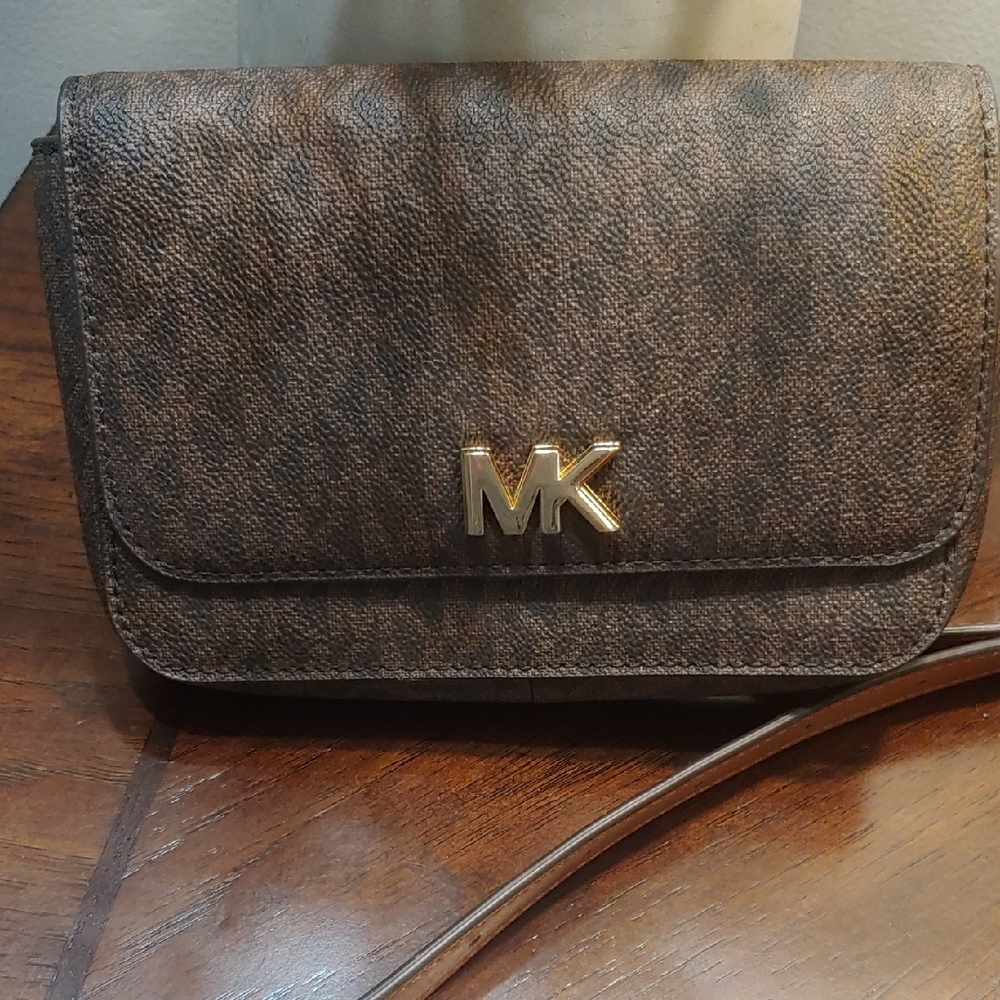 Michael Kors Brown Monogram Crossbody Bag with Gold Hardware